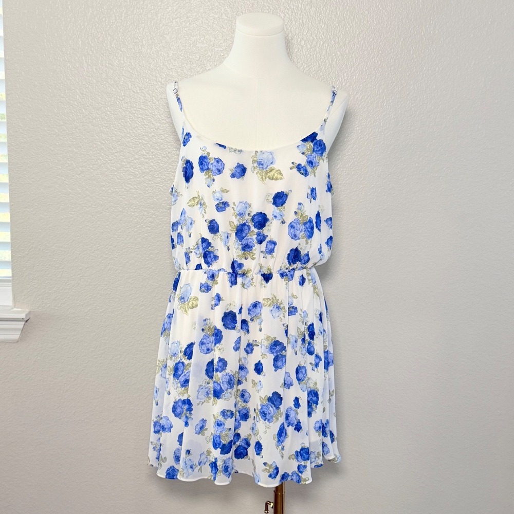 Forever 21 Mini Dress Chiffon White Blue Floral Romantic Coquette Soft Boho L - Picture 5 of 16